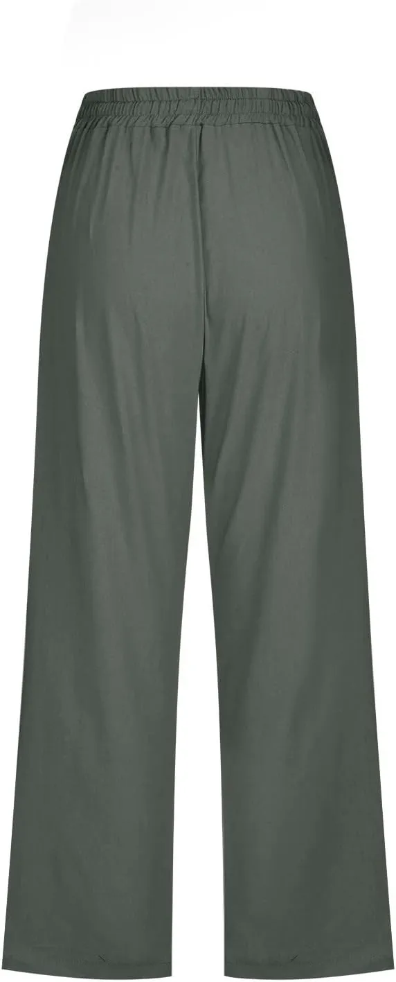 Women Cotton Linen Capris Pants Casual Summer 2025 Straight Wide Leg Loose Drawstring Elastic Waist Cropped Trouser