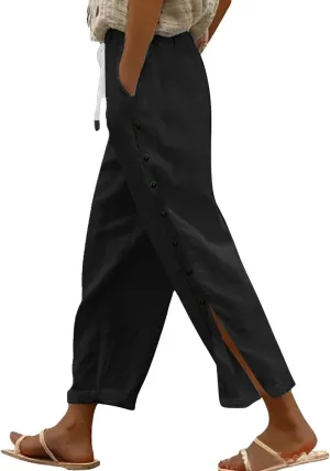 Women Linen Pants 2025 Side Button Up Casual Pants Loose Drawstring Beach Summer Lightweight Capri Trousers