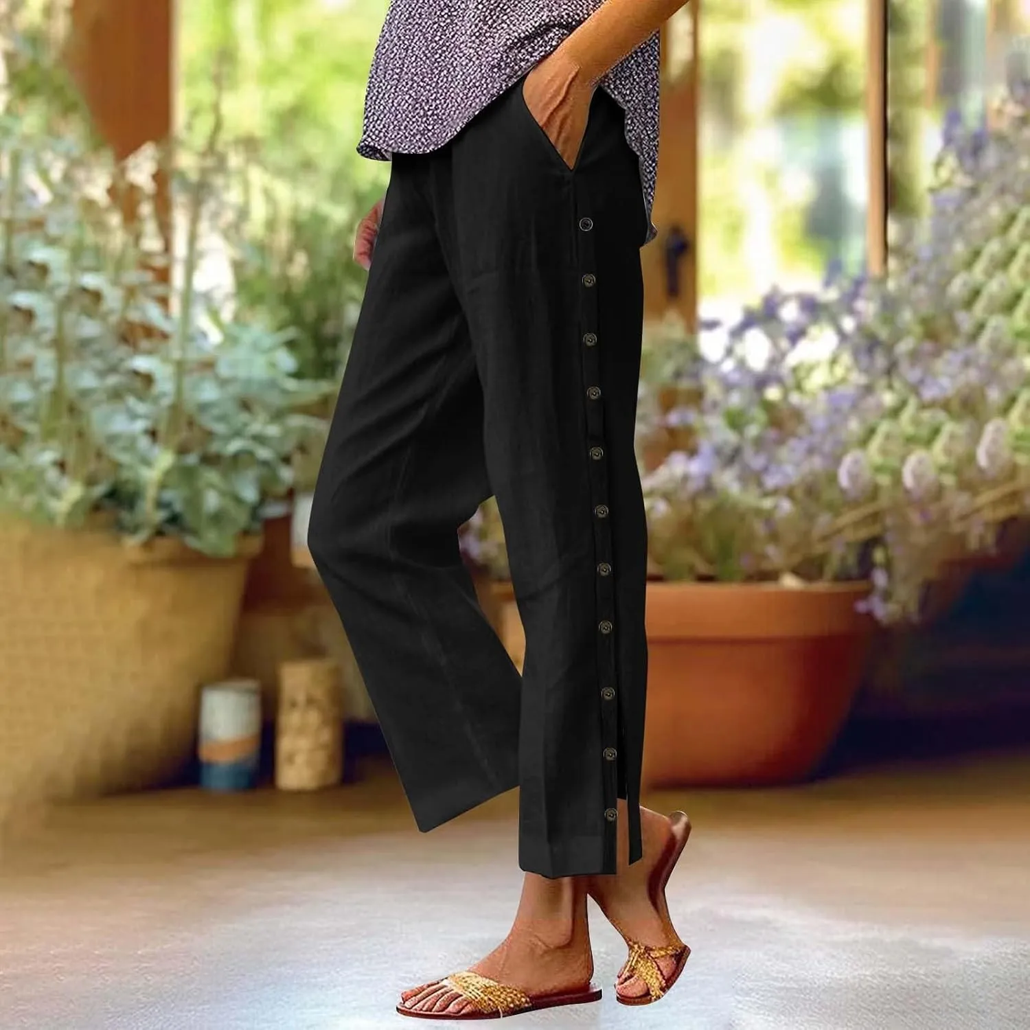Women Linen Pants 2025 Side Button Up Casual Pants Loose Drawstring Beach Summer Lightweight Capri Trousers