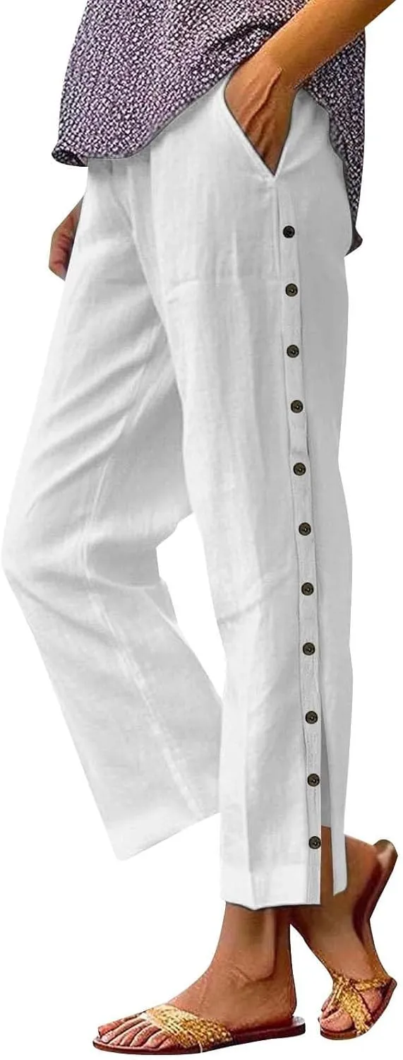 Women Linen Pants 2025 Side Button Up Casual Pants Loose Drawstring Beach Summer Lightweight Capri Trousers