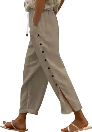 Women Linen Pants 2025 Side Button Up Casual Pants Loose Drawstring Beach Summer Lightweight Capri Trousers