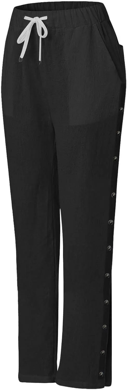 Women Linen Pants 2025 Side Button Up Casual Pants Loose Drawstring Beach Summer Lightweight Capri Trousers