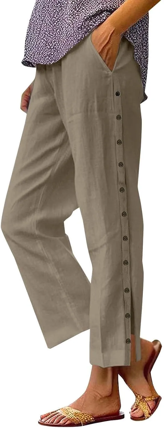 Women Linen Pants 2025 Side Button Up Casual Pants Loose Drawstring Beach Summer Lightweight Capri Trousers