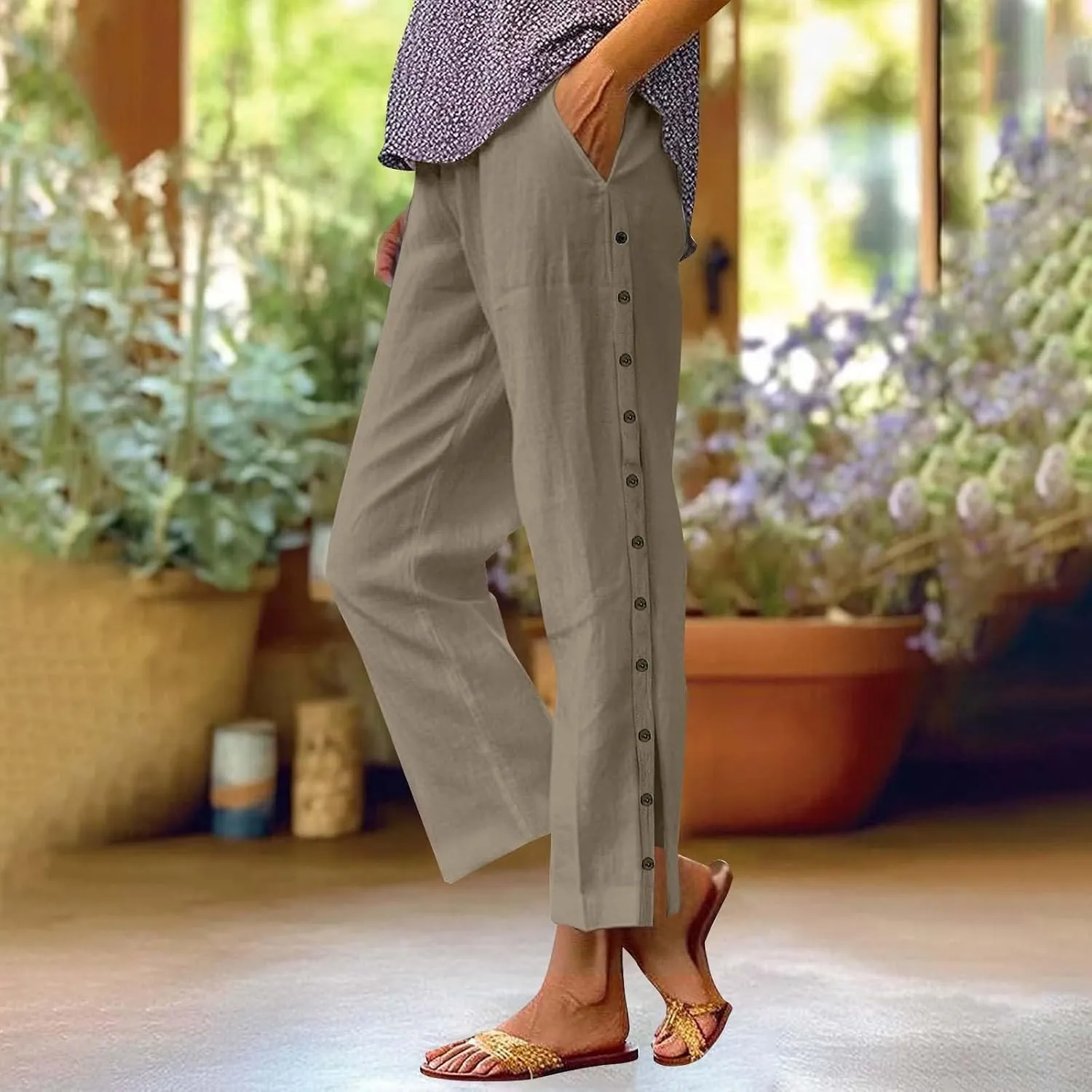 Women Linen Pants 2025 Side Button Up Casual Pants Loose Drawstring Beach Summer Lightweight Capri Trousers