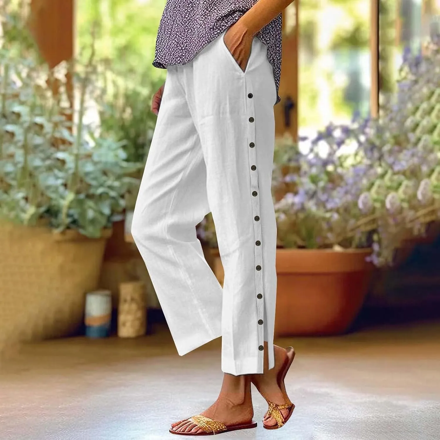 Women Linen Pants 2025 Side Button Up Casual Pants Loose Drawstring Beach Summer Lightweight Capri Trousers