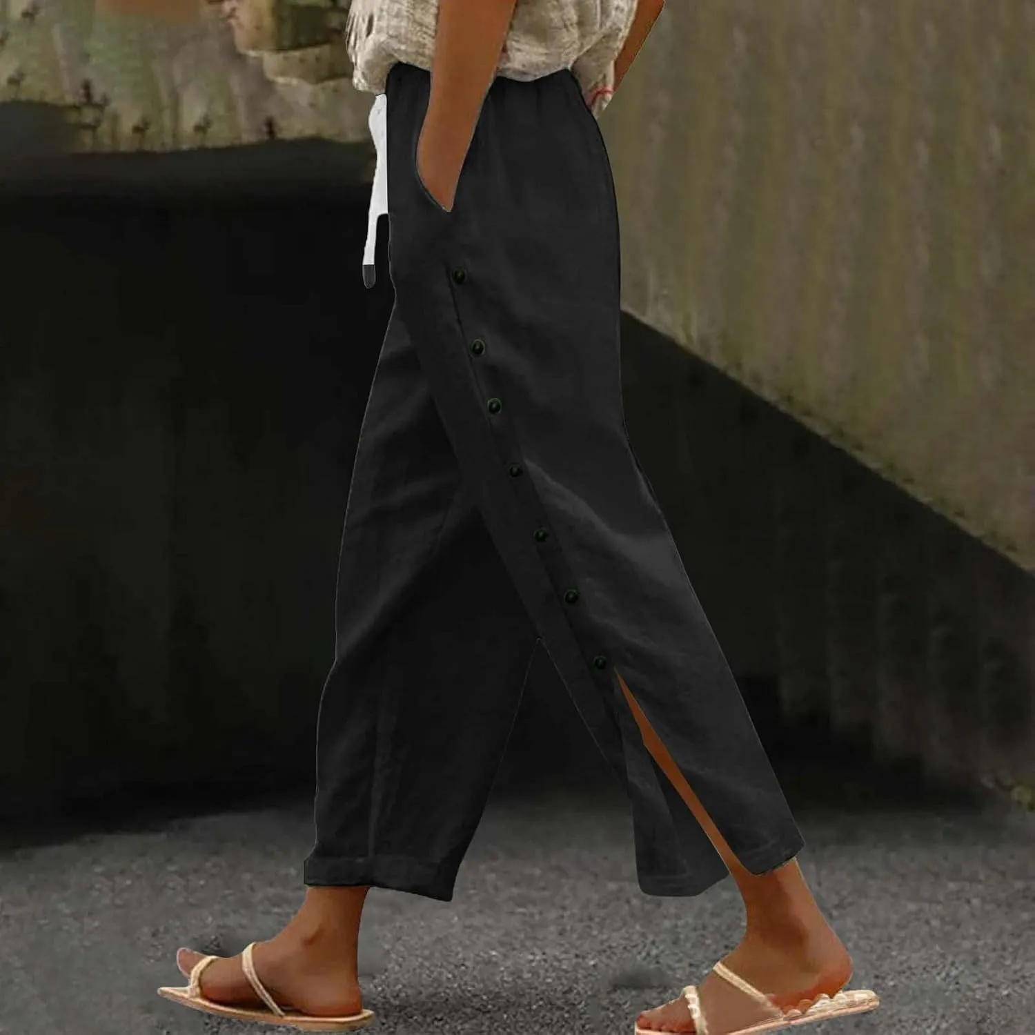 Women Linen Pants 2025 Side Button Up Casual Pants Loose Drawstring Beach Summer Lightweight Capri Trousers