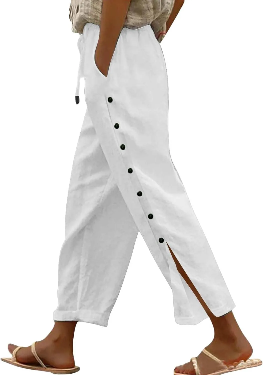 Women Linen Pants 2025 Side Button Up Casual Pants Loose Drawstring Beach Summer Lightweight Capri Trousers