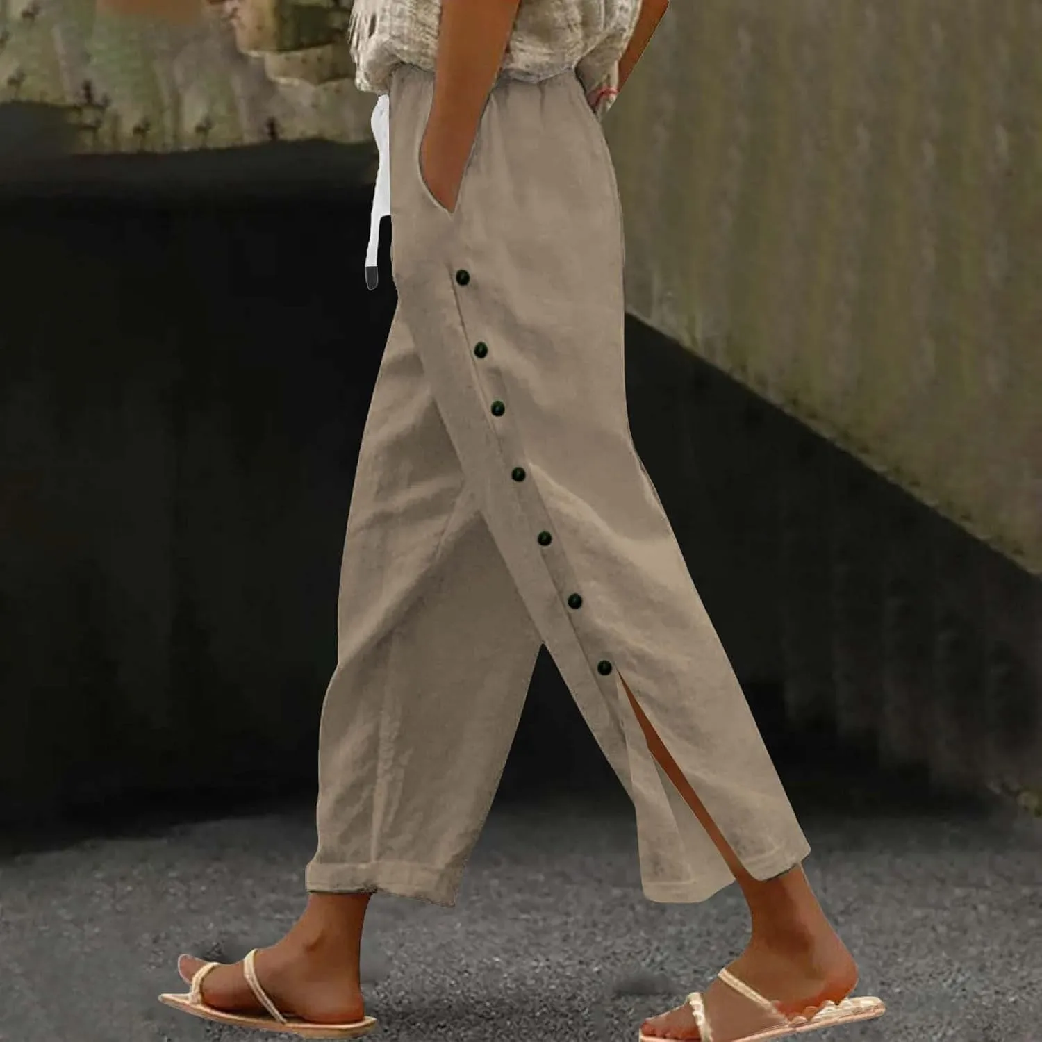 Women Linen Pants 2025 Side Button Up Casual Pants Loose Drawstring Beach Summer Lightweight Capri Trousers
