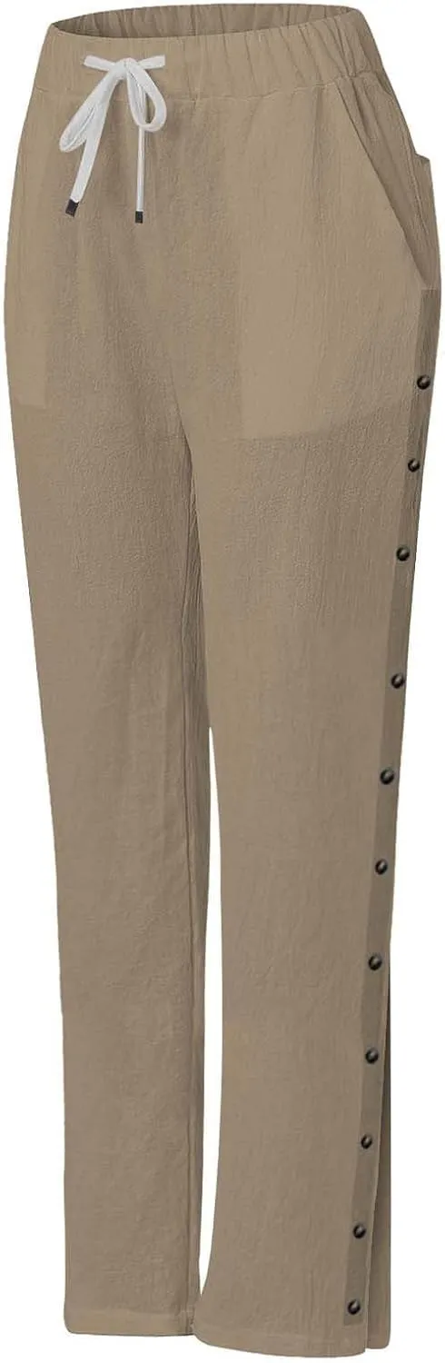 Women Linen Pants 2025 Side Button Up Casual Pants Loose Drawstring Beach Summer Lightweight Capri Trousers