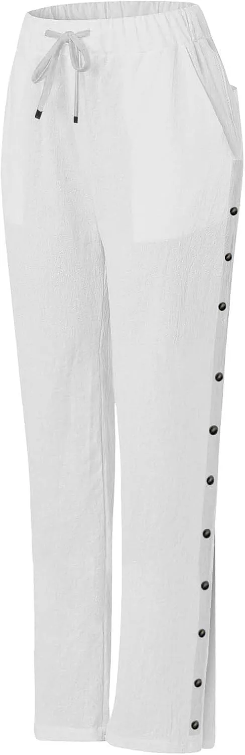 Women Linen Pants 2025 Side Button Up Casual Pants Loose Drawstring Beach Summer Lightweight Capri Trousers