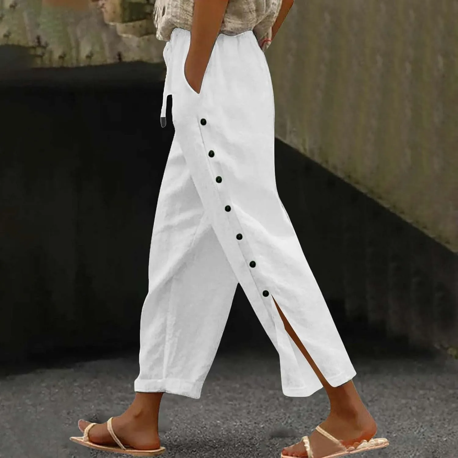 Women Linen Pants 2025 Side Button Up Casual Pants Loose Drawstring Beach Summer Lightweight Capri Trousers