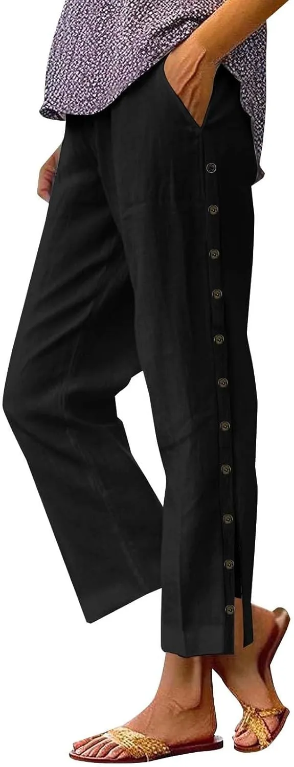 Women Linen Pants 2025 Side Button Up Casual Pants Loose Drawstring Beach Summer Lightweight Capri Trousers
