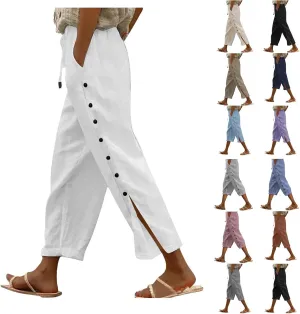 Women Linen Pants 2025 Side Button Up Casual Pants Loose Drawstring Beach Summer Lightweight Capri Trousers
