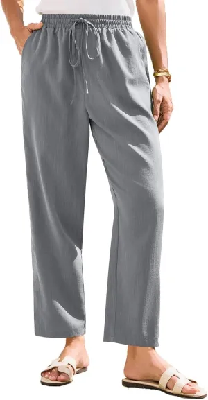Women Linen Pants Summer Wide Leg High Waist Casual Trousers Elastic Drawstring Beach Lounge Pants with Pockets