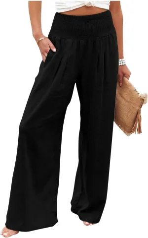 Women Linen Pants Summer Wide Leg High Waist Casual Trousers Elastic Drawstring Beach Lounge Pants with Pockets