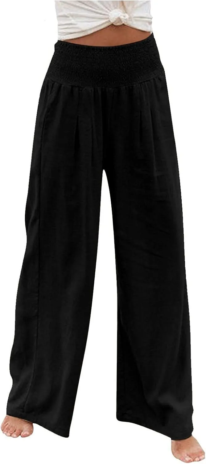 Women Linen Pants Summer Wide Leg High Waist Casual Trousers Elastic Drawstring Beach Lounge Pants with Pockets