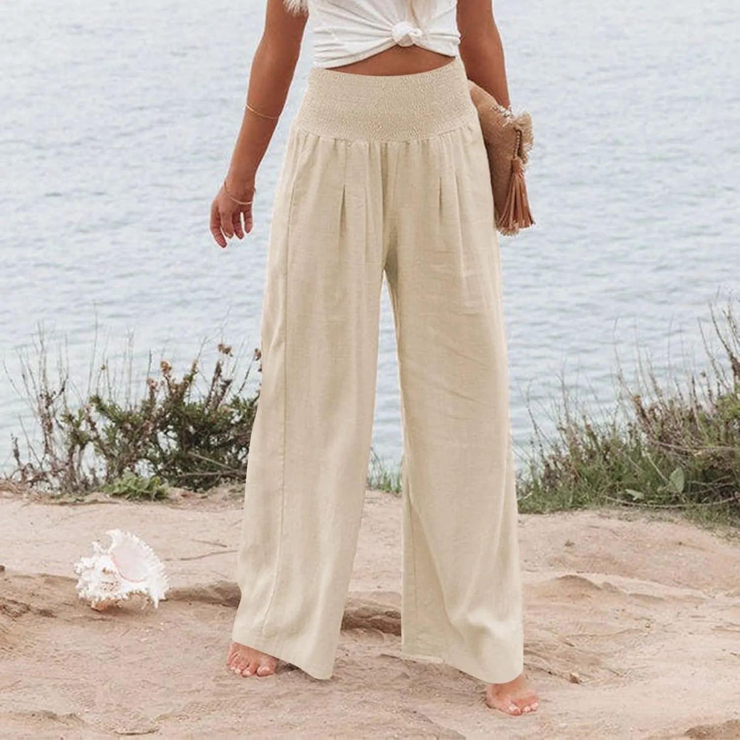 Women Linen Pants Summer Wide Leg High Waist Casual Trousers Elastic Drawstring Beach Lounge Pants with Pockets