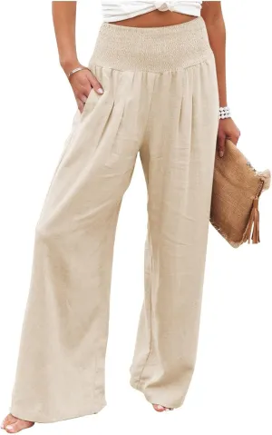Women Linen Pants Summer Wide Leg High Waist Casual Trousers Elastic Drawstring Beach Lounge Pants with Pockets