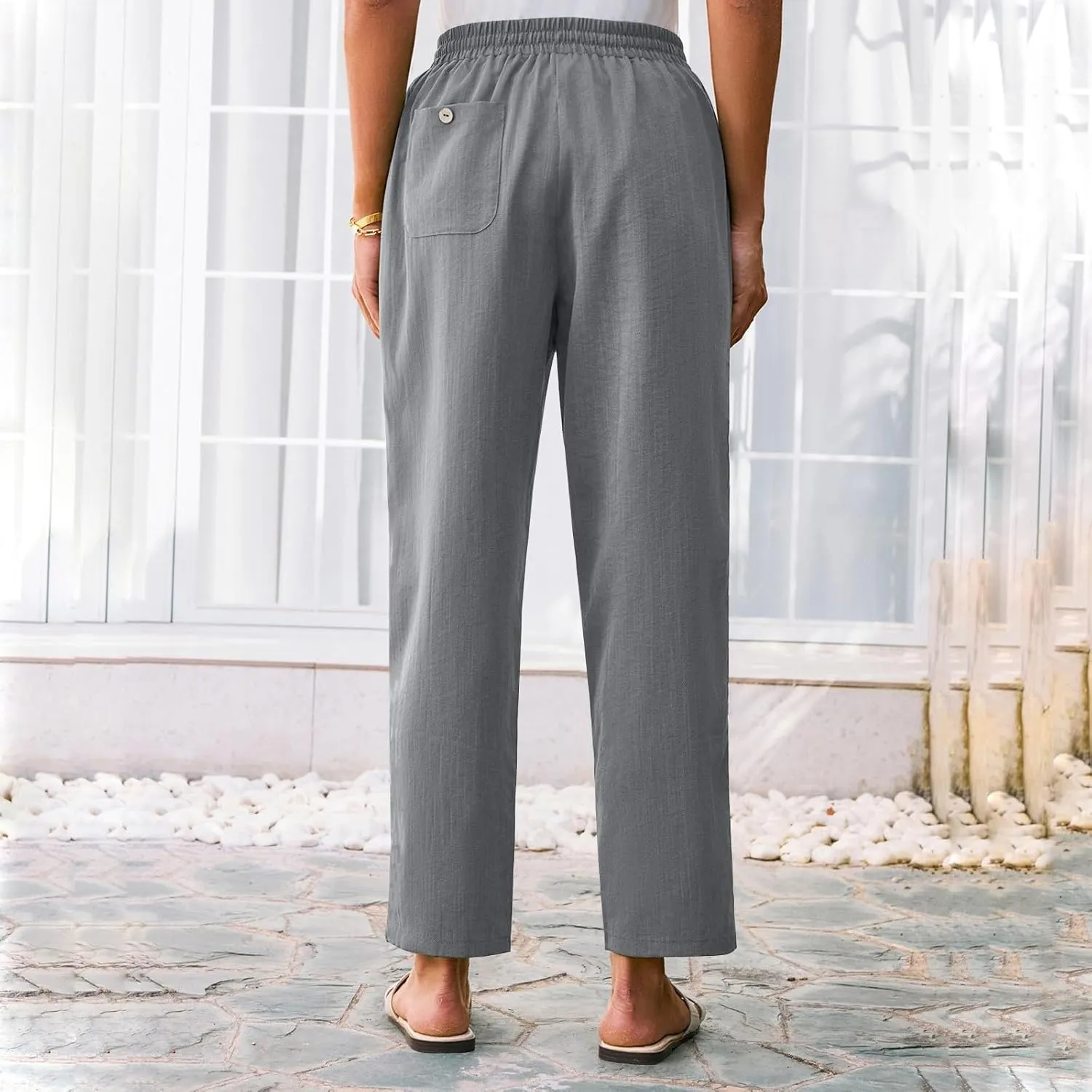 Women Linen Pants Summer Wide Leg High Waist Casual Trousers Elastic Drawstring Beach Lounge Pants with Pockets