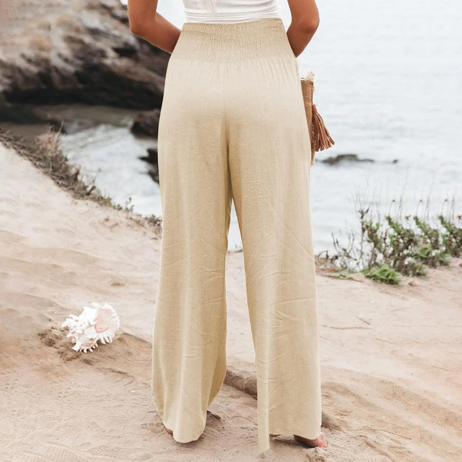 Women Linen Pants Summer Wide Leg High Waist Casual Trousers Elastic Drawstring Beach Lounge Pants with Pockets