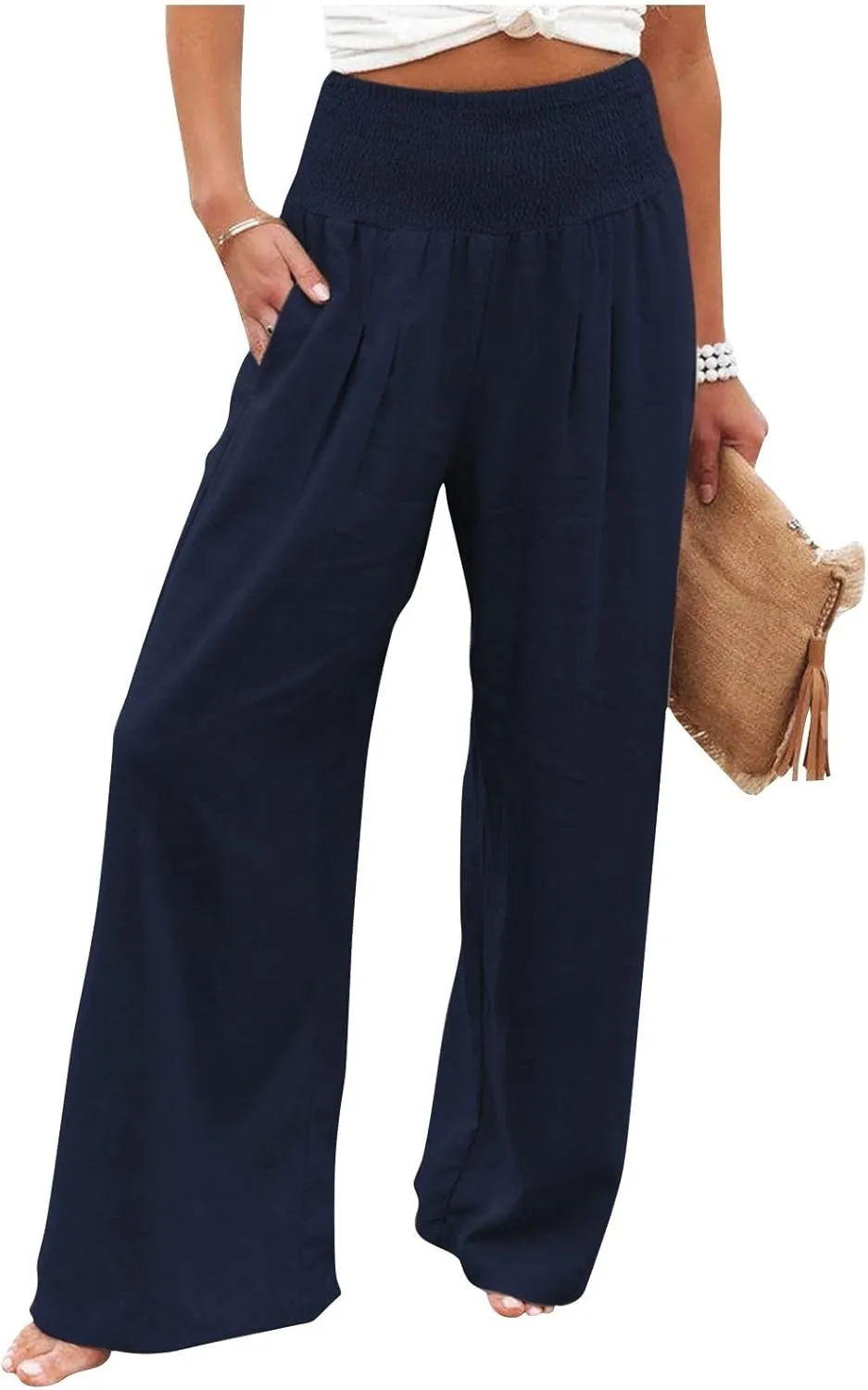 Women Linen Pants Summer Wide Leg High Waist Casual Trousers Elastic Drawstring Beach Lounge Pants with Pockets