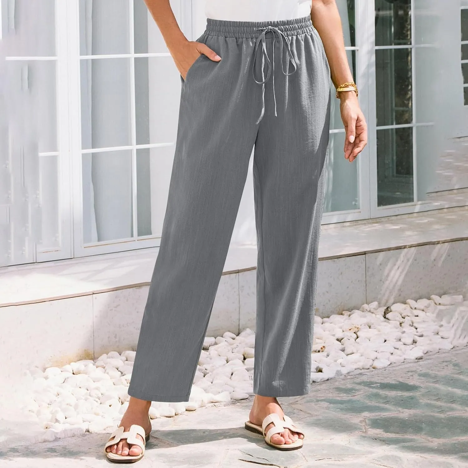 Women Linen Pants Summer Wide Leg High Waist Casual Trousers Elastic Drawstring Beach Lounge Pants with Pockets