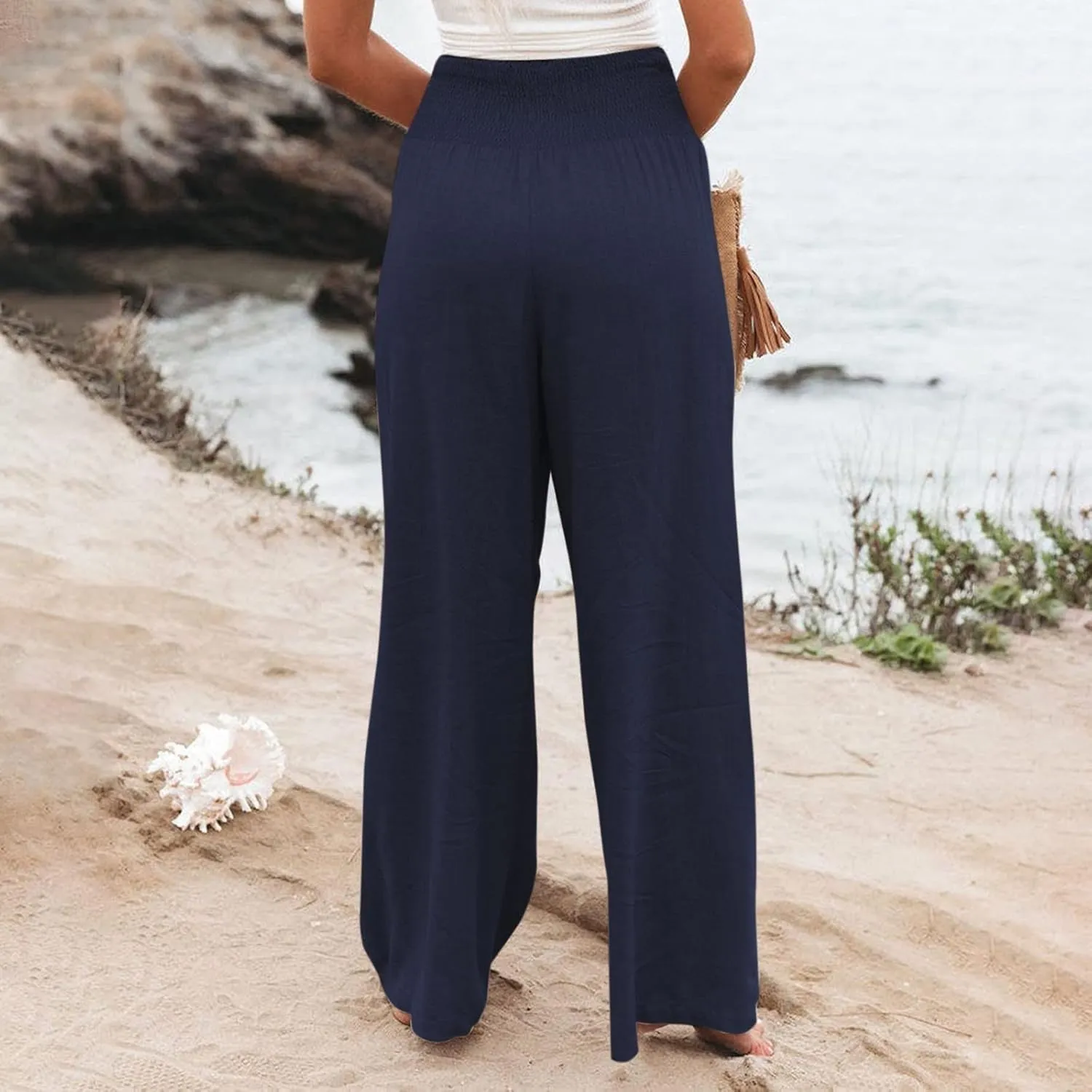 Women Linen Pants Summer Wide Leg High Waist Casual Trousers Elastic Drawstring Beach Lounge Pants with Pockets