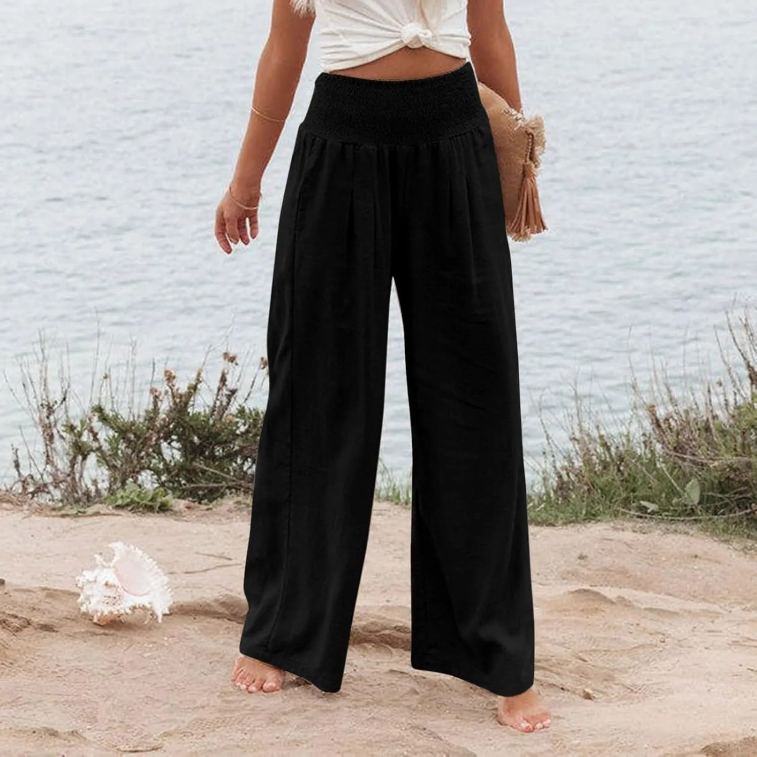 Women Linen Pants Summer Wide Leg High Waist Casual Trousers Elastic Drawstring Beach Lounge Pants with Pockets