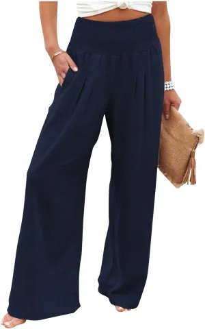 Women Linen Pants Summer Wide Leg High Waist Casual Trousers Elastic Drawstring Beach Lounge Pants with Pockets