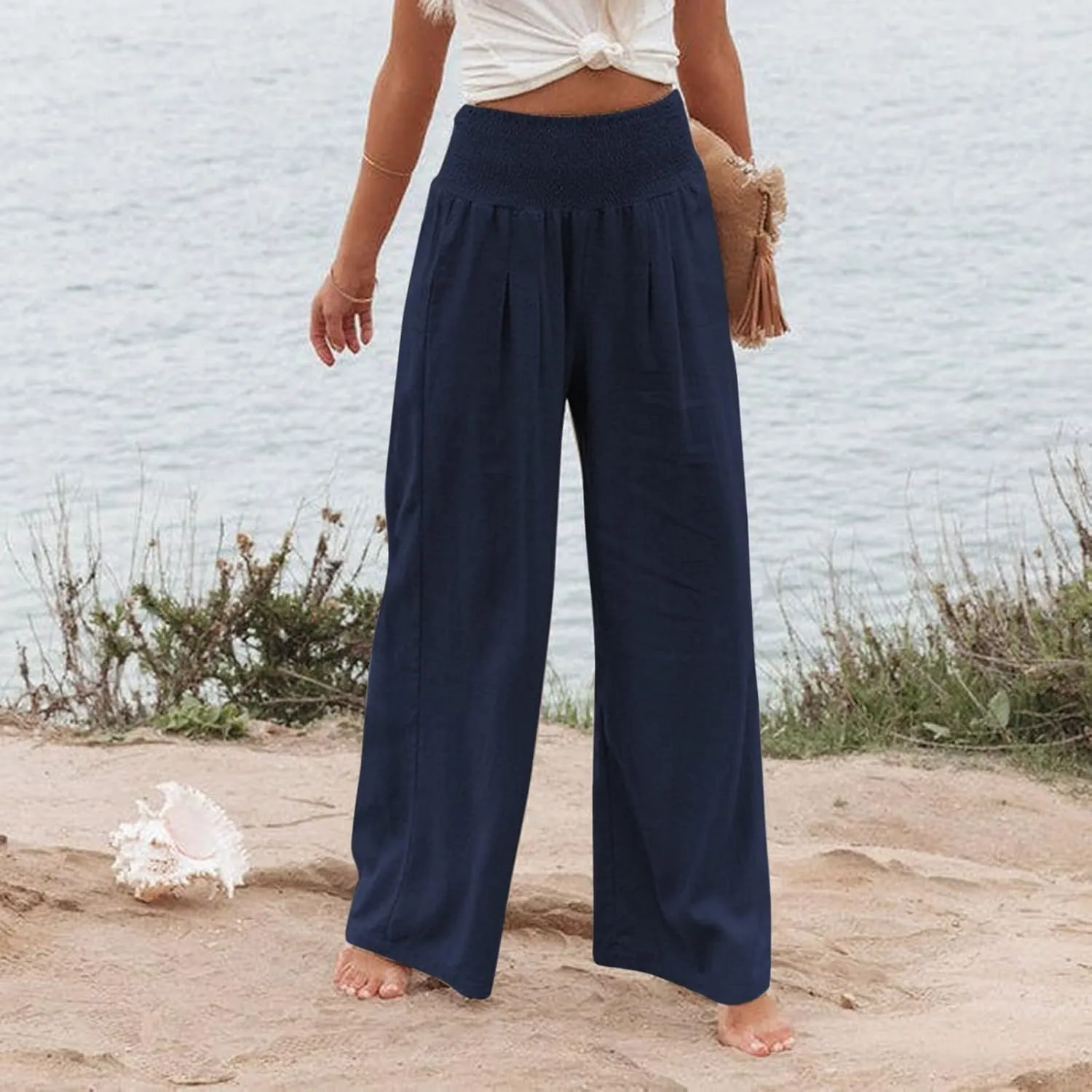 Women Linen Pants Summer Wide Leg High Waist Casual Trousers Elastic Drawstring Beach Lounge Pants with Pockets