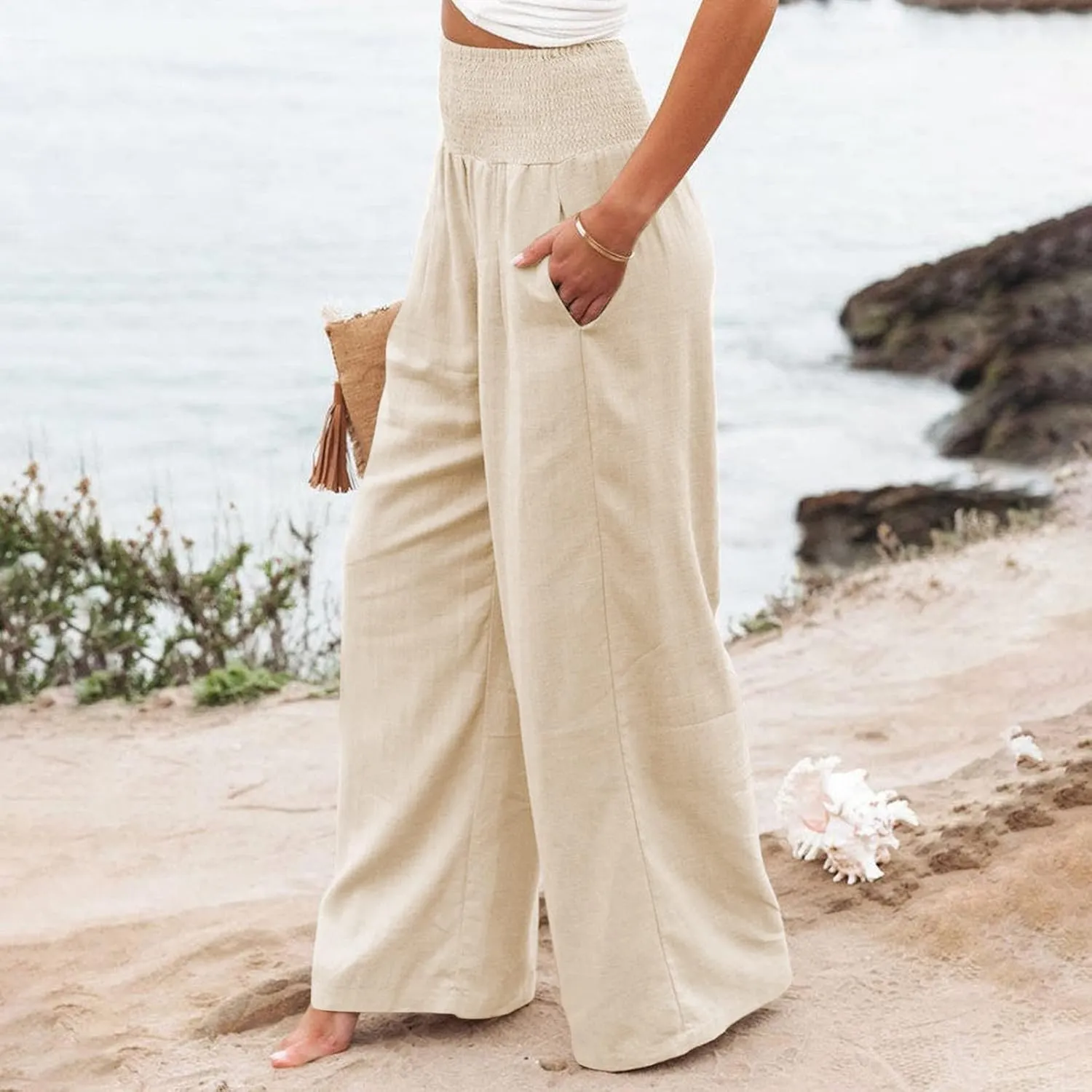 Women Linen Pants Summer Wide Leg High Waist Casual Trousers Elastic Drawstring Beach Lounge Pants with Pockets