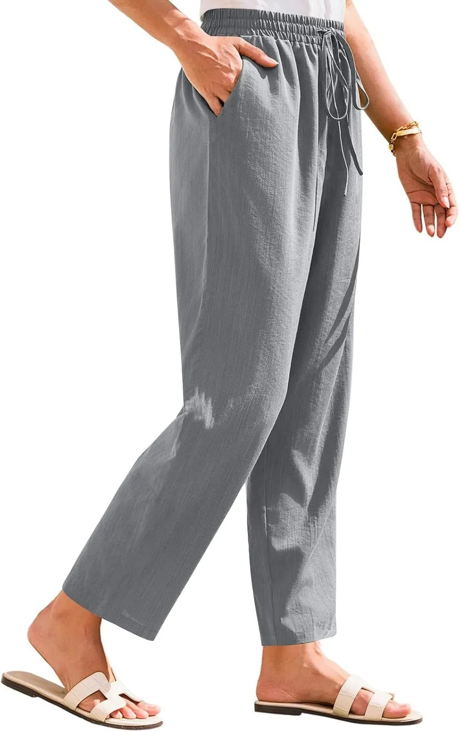 Women Linen Pants Summer Wide Leg High Waist Casual Trousers Elastic Drawstring Beach Lounge Pants with Pockets