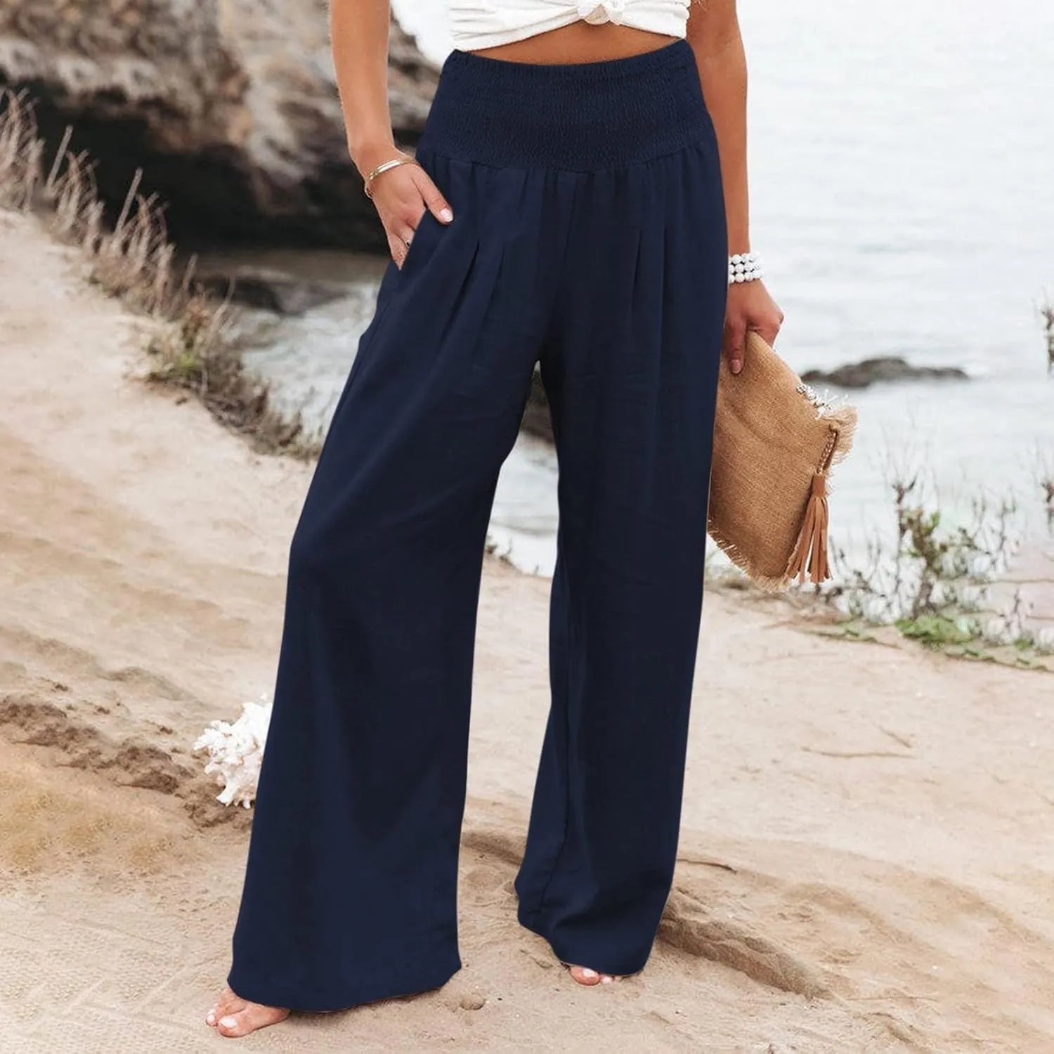 Women Linen Pants Summer Wide Leg High Waist Casual Trousers Elastic Drawstring Beach Lounge Pants with Pockets
