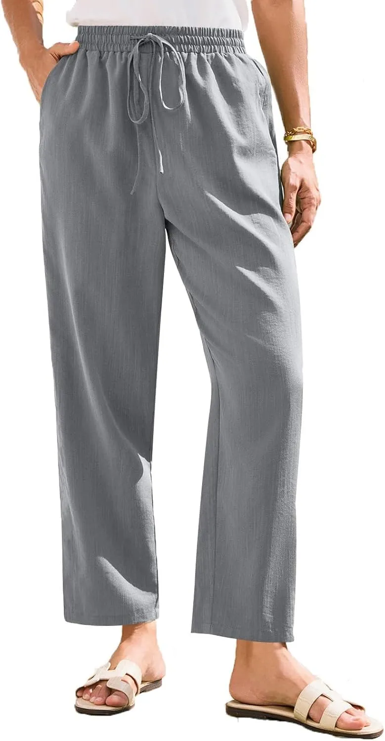 Women Linen Pants Summer Wide Leg High Waist Casual Trousers Elastic Drawstring Beach Lounge Pants with Pockets