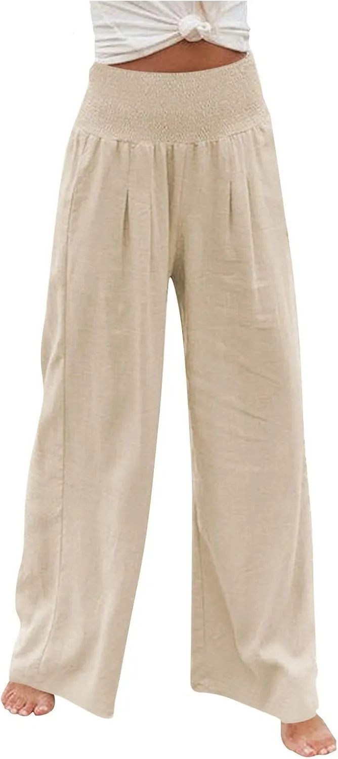 Women Linen Pants Summer Wide Leg High Waist Casual Trousers Elastic Drawstring Beach Lounge Pants with Pockets