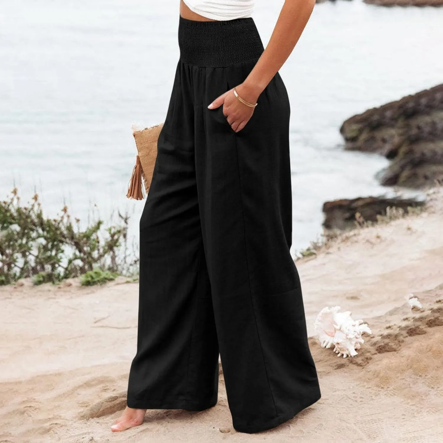 Women Linen Pants Summer Wide Leg High Waist Casual Trousers Elastic Drawstring Beach Lounge Pants with Pockets