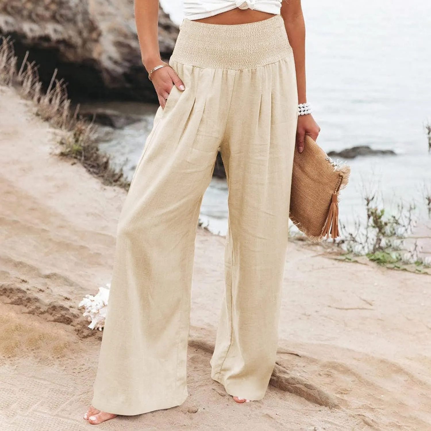 Women Linen Pants Summer Wide Leg High Waist Casual Trousers Elastic Drawstring Beach Lounge Pants with Pockets