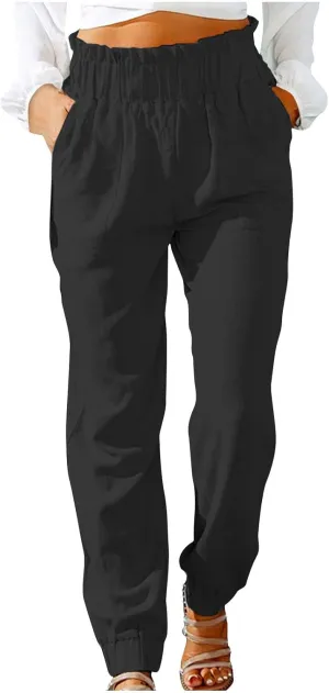 Women's Cotton Linen Tapered Leg Pants Elastic Drawstring Casual Trousers Summer Beach Lounge Cargo Pants with Pockets