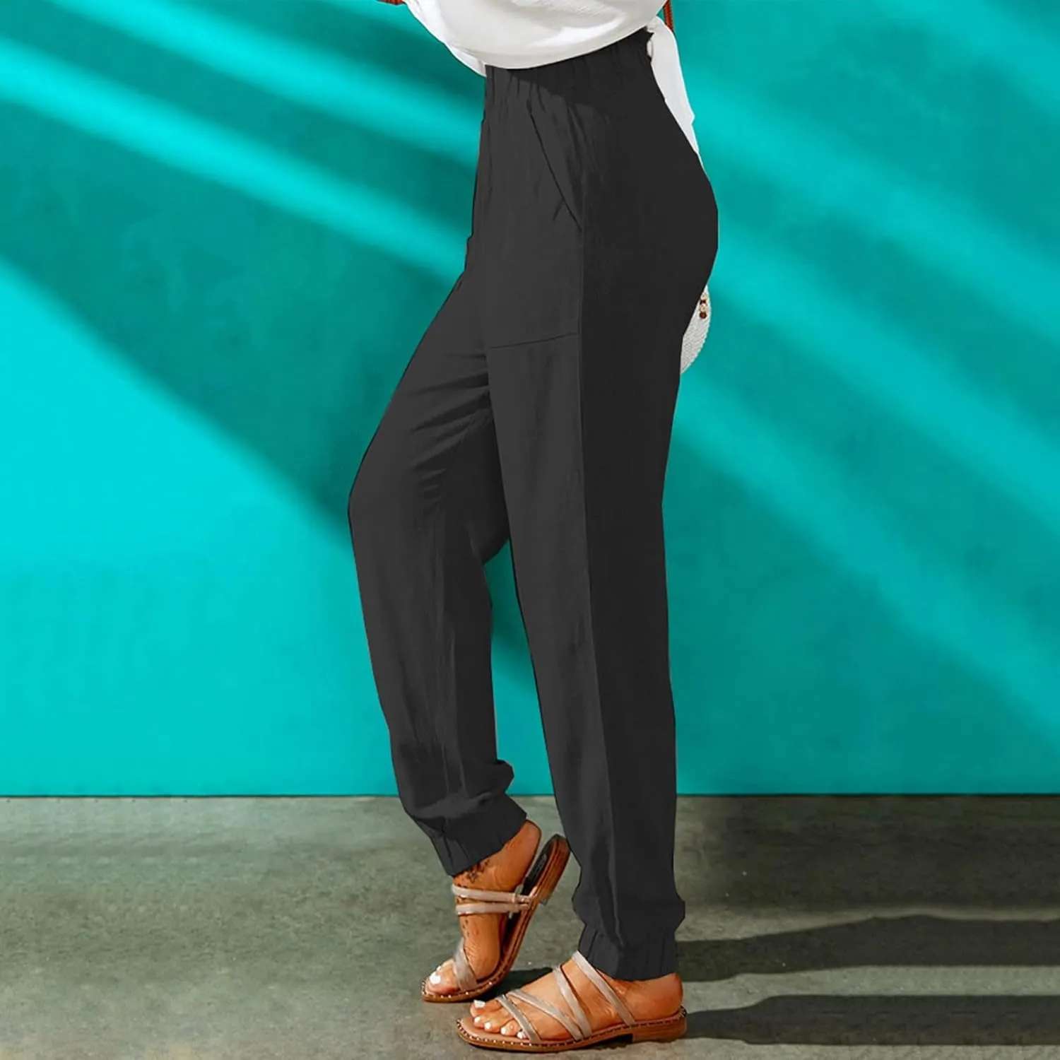 Women's Cotton Linen Tapered Leg Pants Elastic Drawstring Casual Trousers Summer Beach Lounge Cargo Pants with Pockets