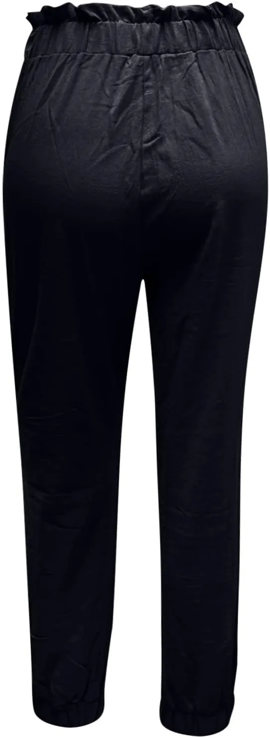 Women's Cotton Linen Tapered Leg Pants Elastic Drawstring Casual Trousers Summer Beach Lounge Cargo Pants with Pockets