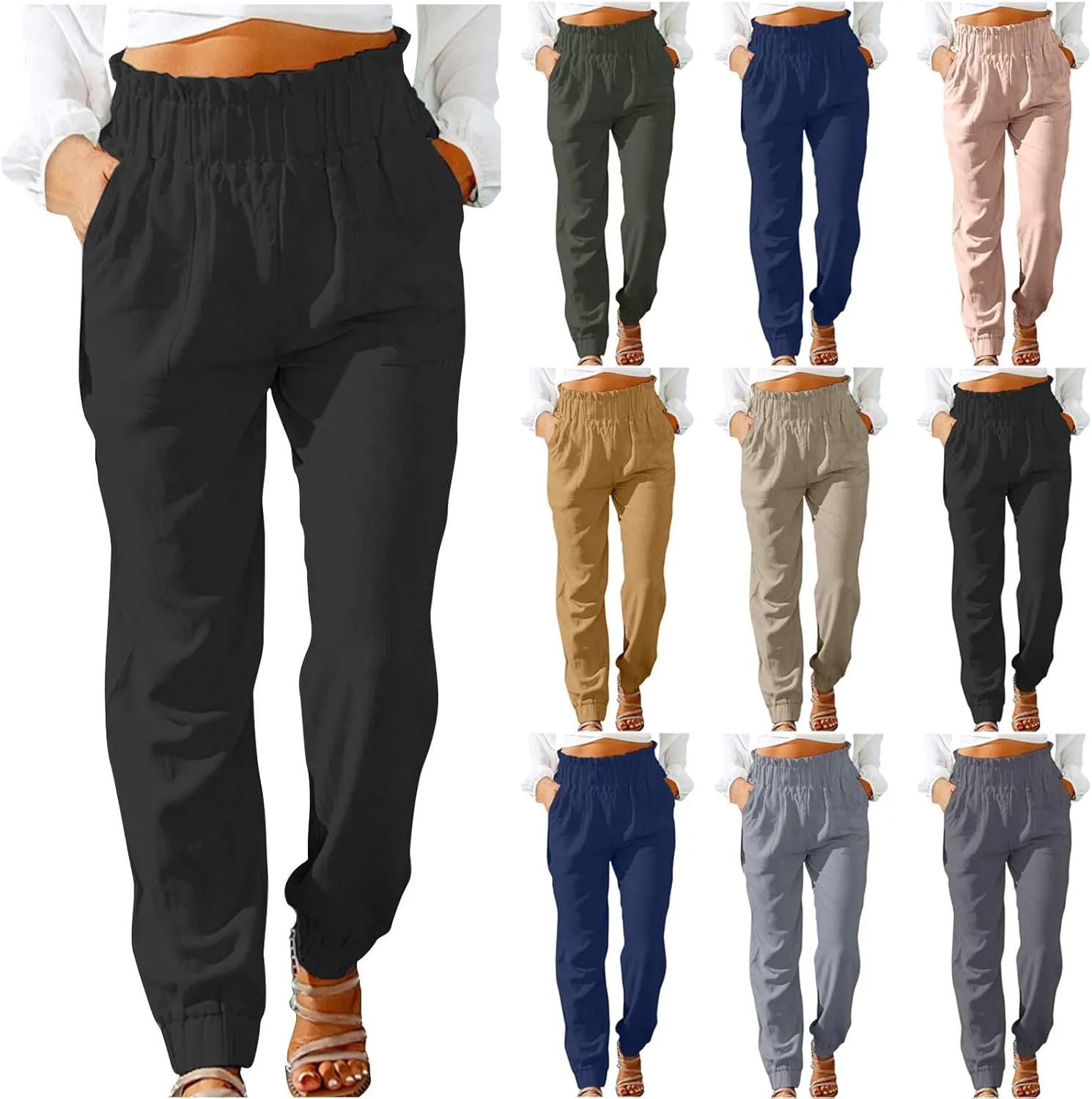 Women's Cotton Linen Tapered Leg Pants Elastic Drawstring Casual Trousers Summer Beach Lounge Cargo Pants with Pockets