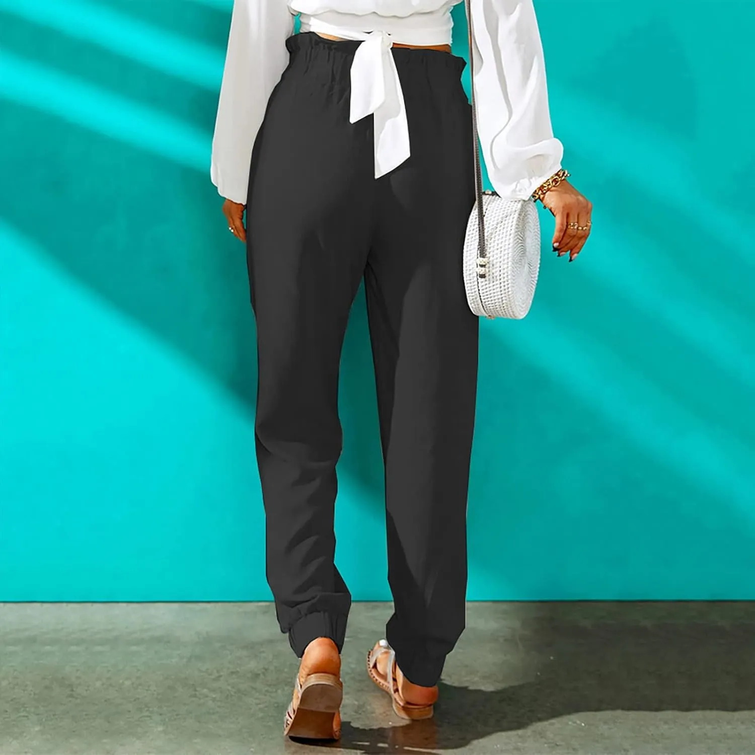 Women's Cotton Linen Tapered Leg Pants Elastic Drawstring Casual Trousers Summer Beach Lounge Cargo Pants with Pockets