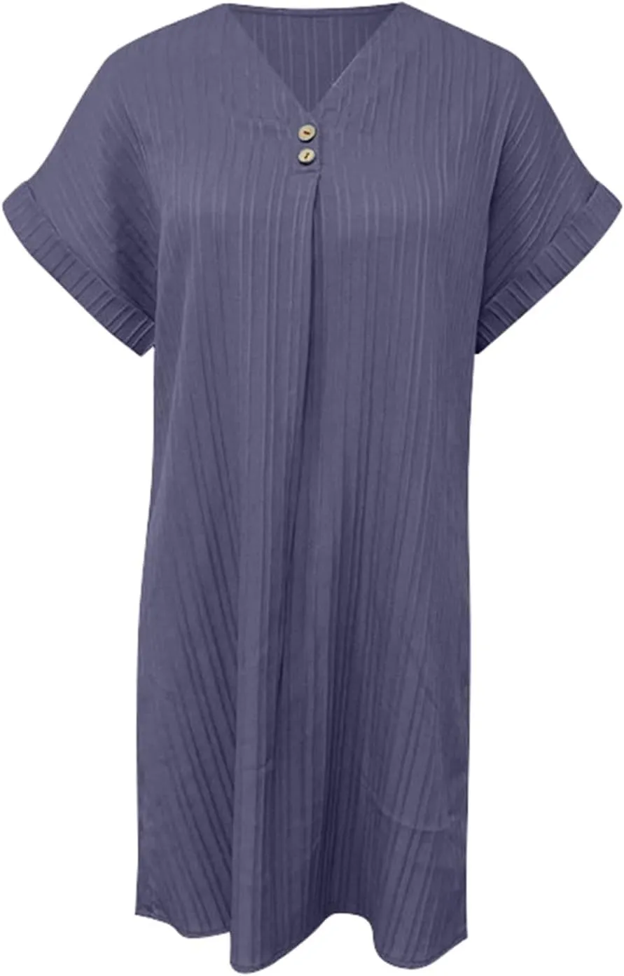 Womens Cotton Shirt Dress Summer Casual Short Sleeve Button Down Beach Cover Up Shirts with Pockets