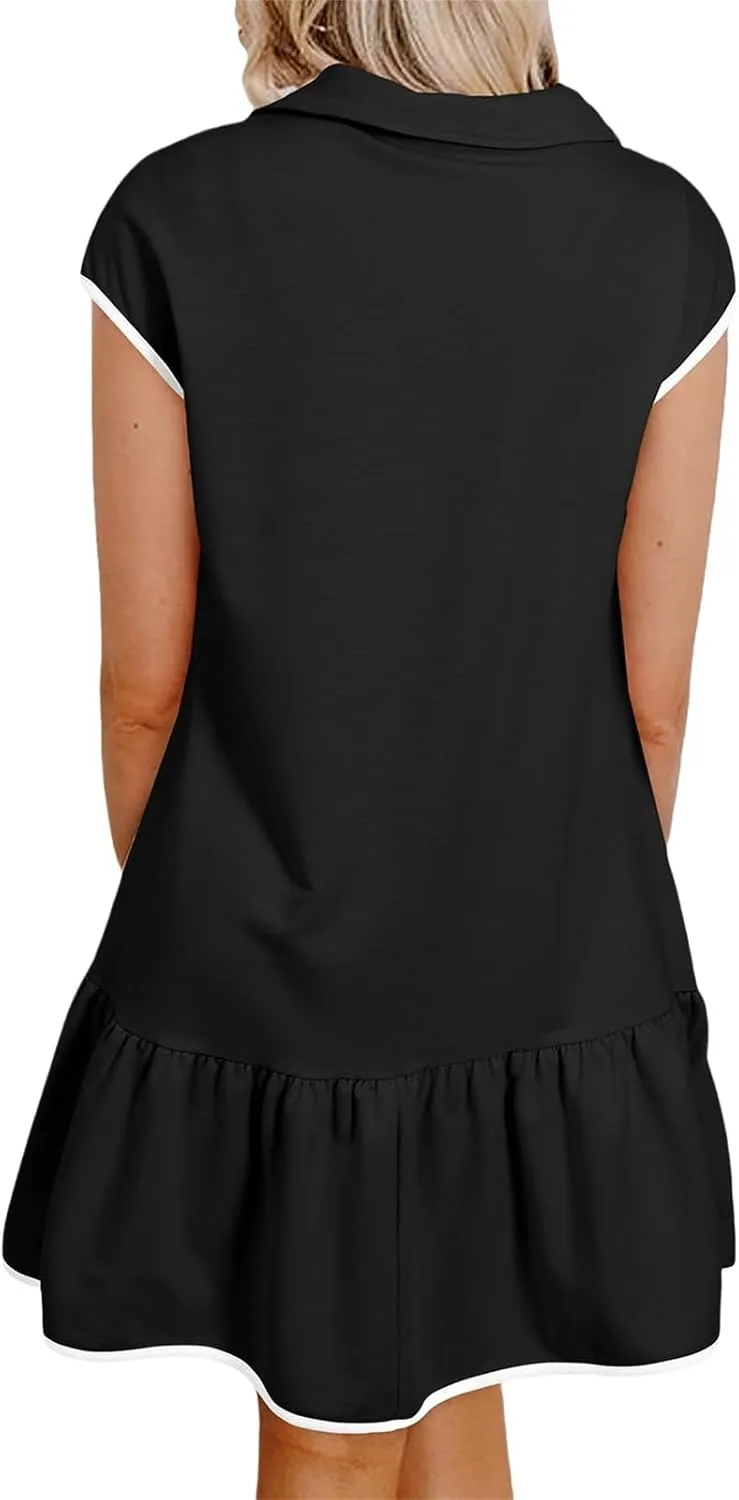 Womens Half Zip Dress Polo Neck Short Slevee Mini Dresses Summer Casual Pleated Swing Patchwork Dress with Pockets