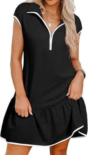 Womens Half Zip Dress Polo Neck Short Slevee Mini Dresses Summer Casual Pleated Swing Patchwork Dress with Pockets