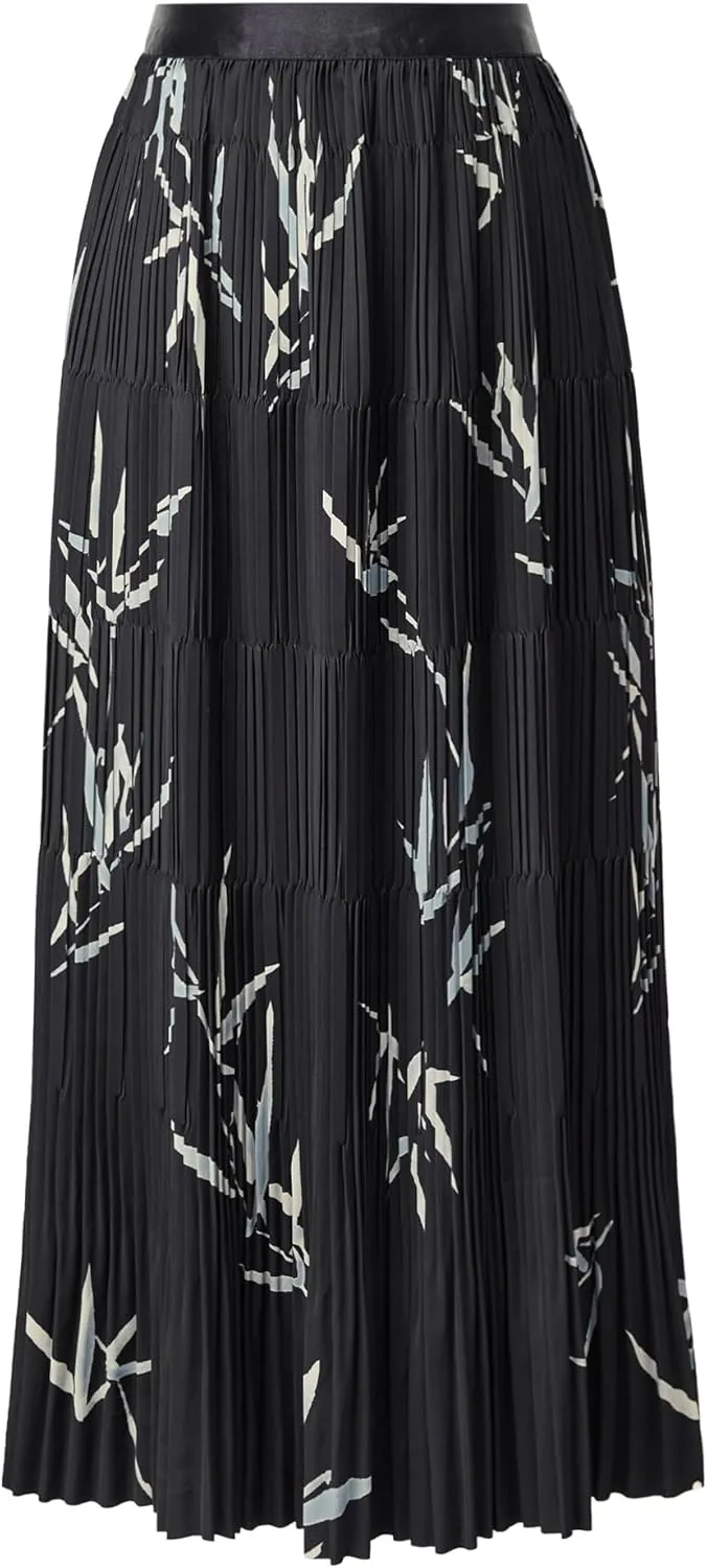 Women's High Waisted Pleated Floral Midi Skirt with Elastic Waistband