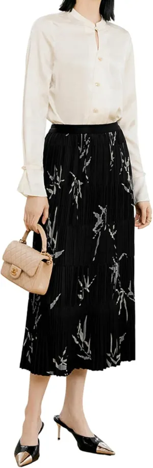 Women's High Waisted Pleated Floral Midi Skirt with Elastic Waistband
