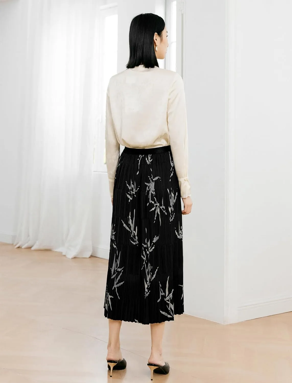 Women's High Waisted Pleated Floral Midi Skirt with Elastic Waistband