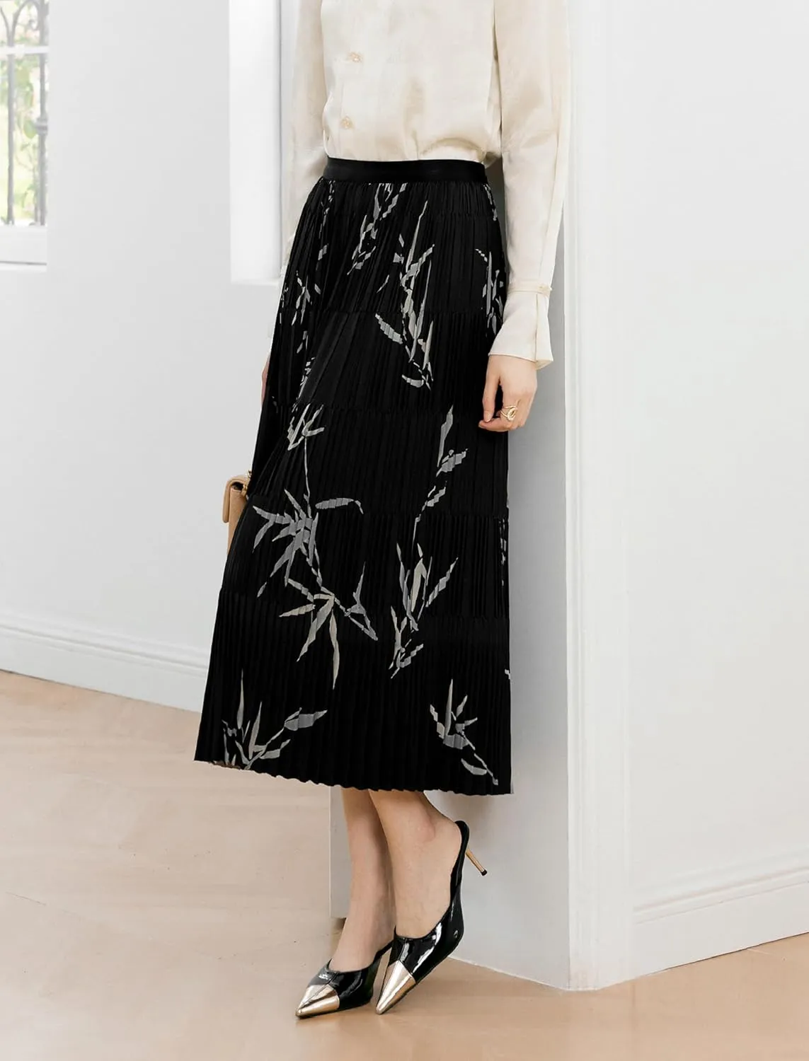 Women's High Waisted Pleated Floral Midi Skirt with Elastic Waistband