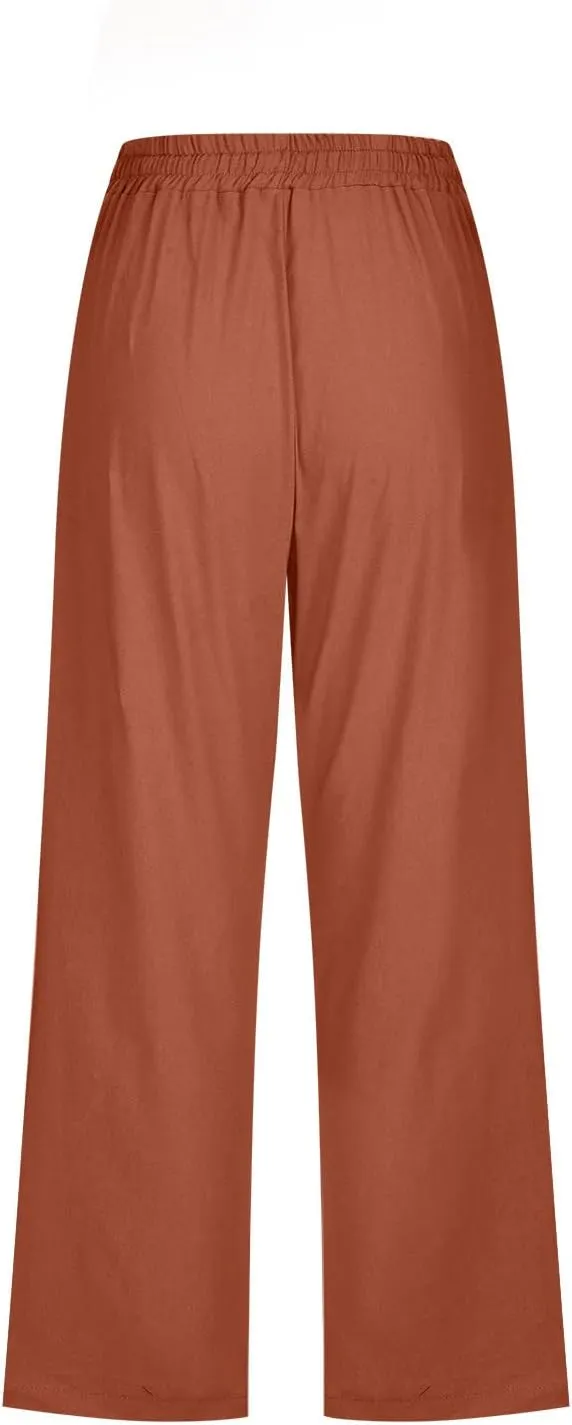 Womens Linen Capri Pants 2024 Summer Casual High Waist Elastic Drawstring Loose Soft Pockets Wide Leg Crop Trousers